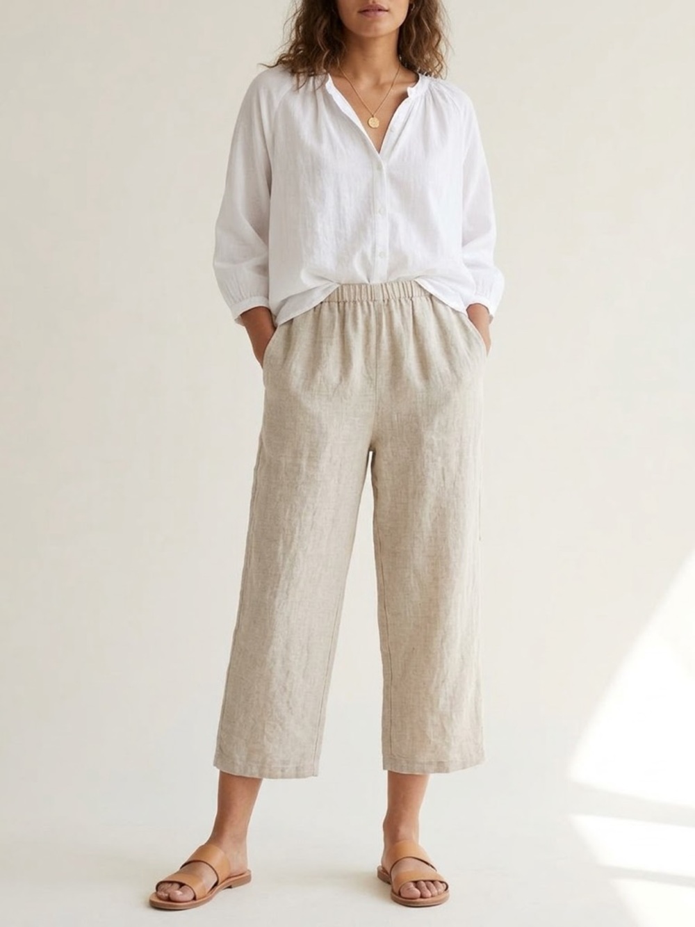 FLAX Jeanne Engelhart Beige Linen Wide Leg Cropped Pants Elastic Waist Medium